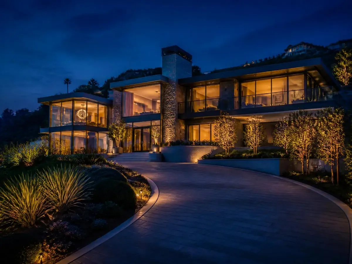 Illuminated modern Orange County hillside home at dusk with spotless windows and a clean stone driveway