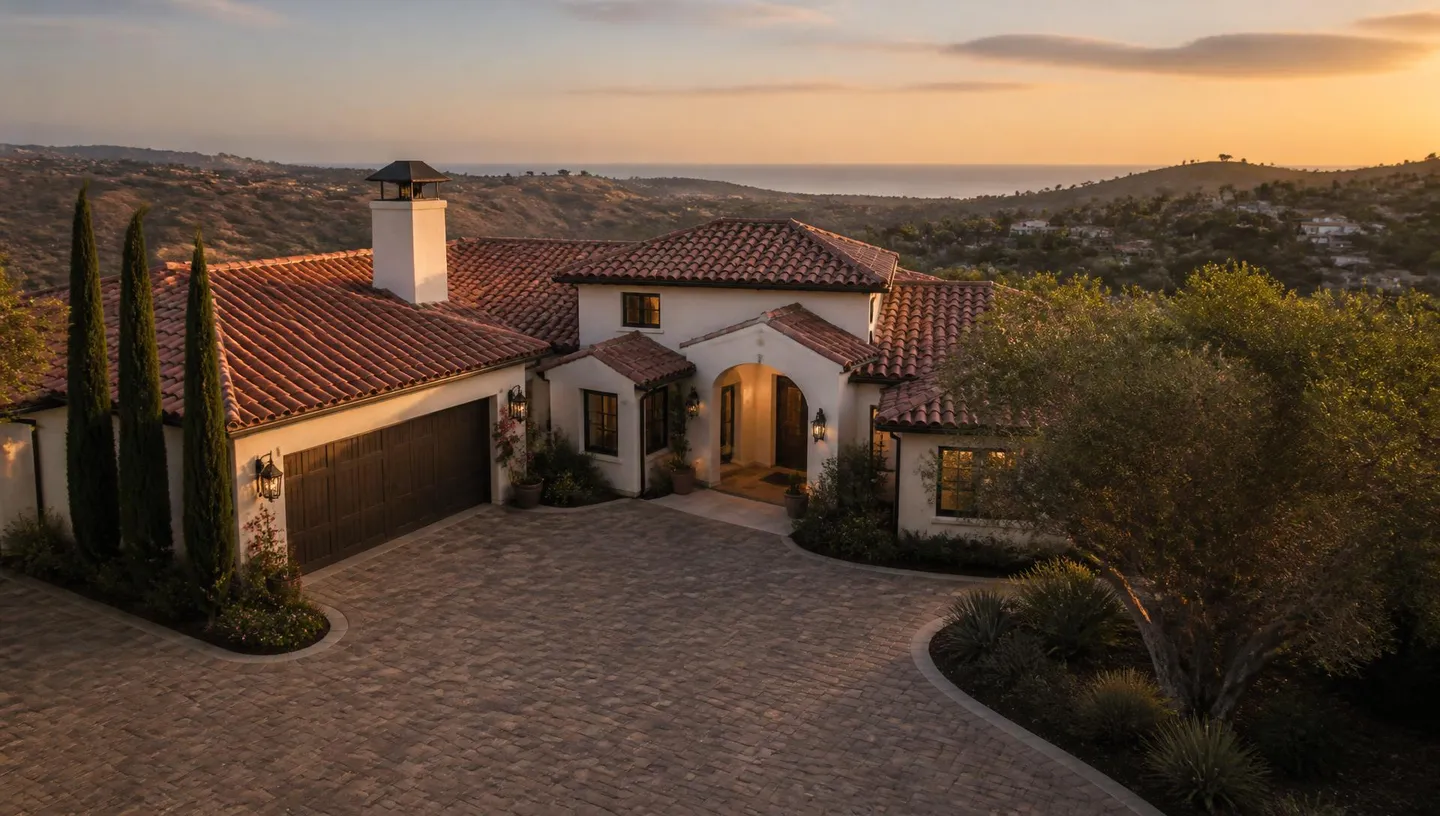Orange County hillside home at golden hour with spotless windows and a clean stone driveway